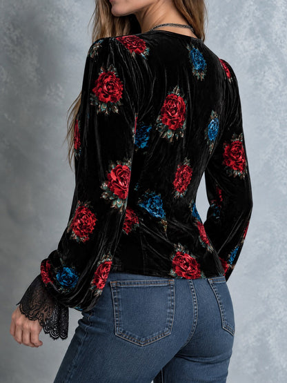Retro Black Velvet Rose Print Blouse With Lace Panels