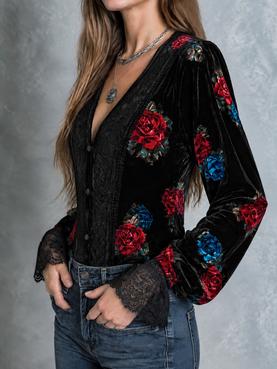 Retro Black Velvet Rose Print Blouse With Lace Panels