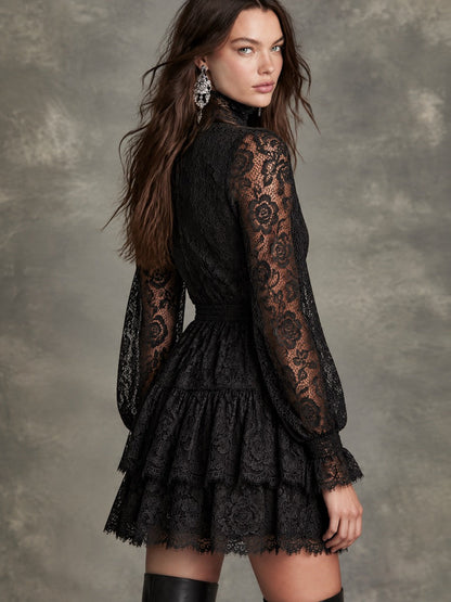 Retro Black Floral Lace Bow Tie High Neck Mini Dress With Tiered Ruffle Skirt