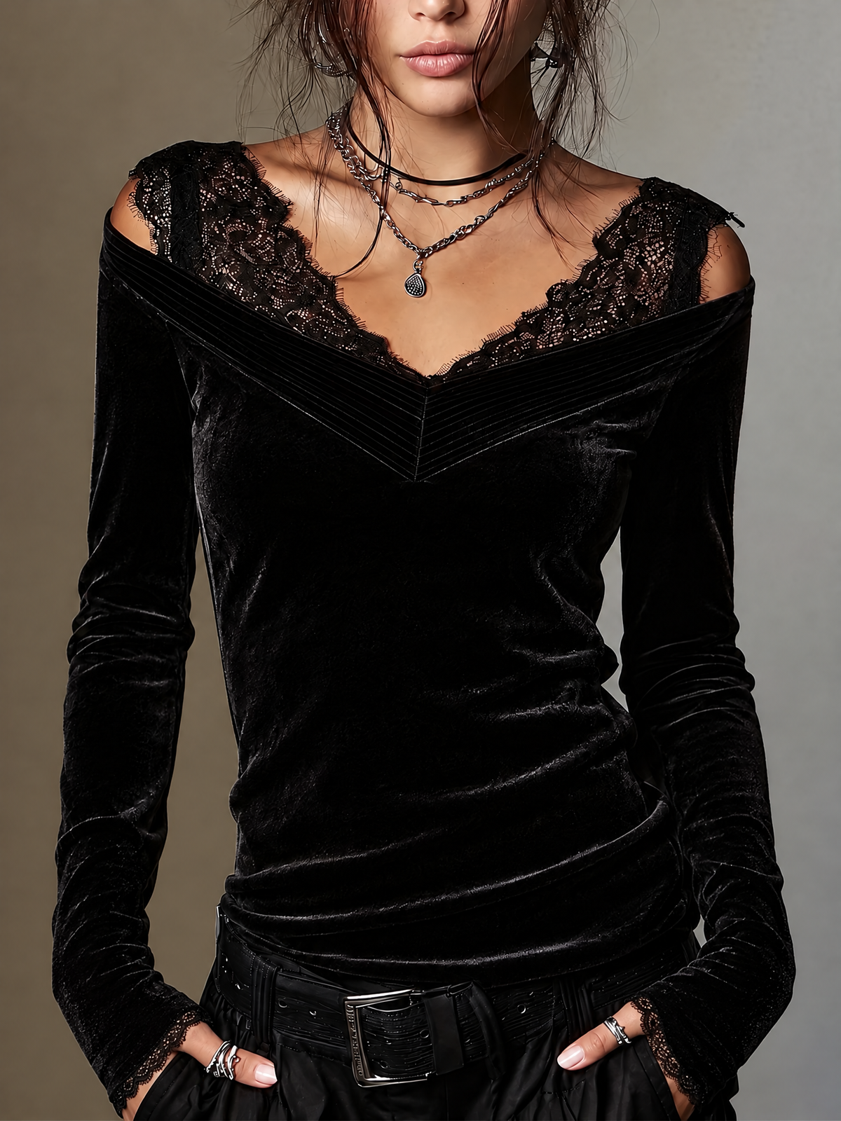 Women's Black Velvet Off-Shoulder V-Neck Long Sleeve Top with Lace Trim