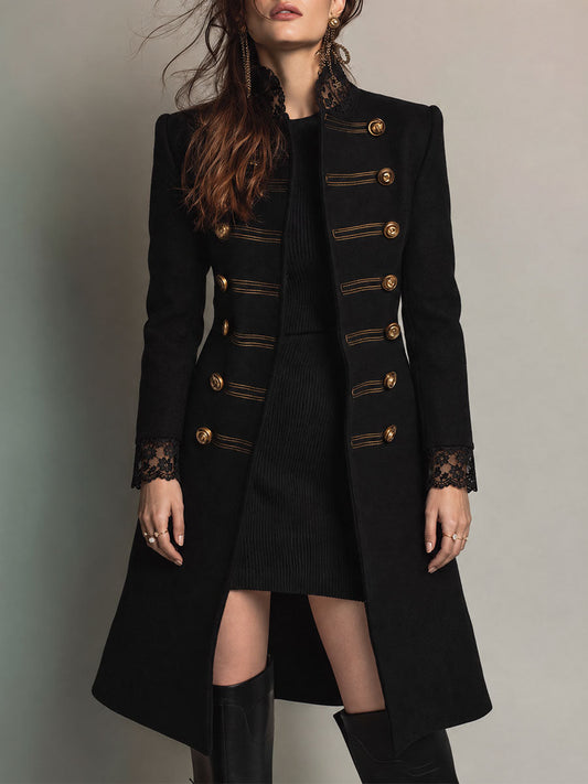 Black Military Lace-Trim Mid-length Wool Coat with Gold Buttons