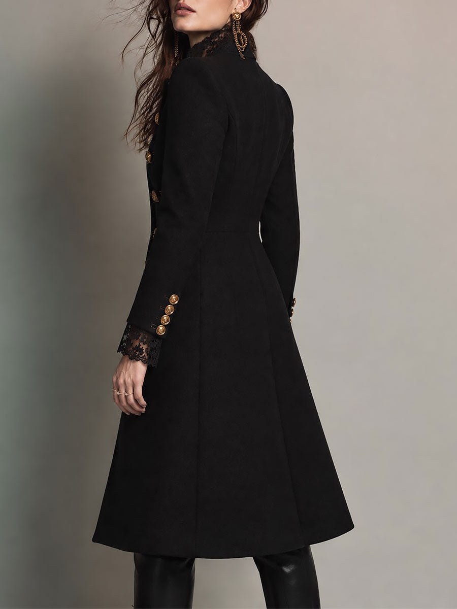 Black Military Lace-Trim Mid-length Wool Coat with Gold Buttons