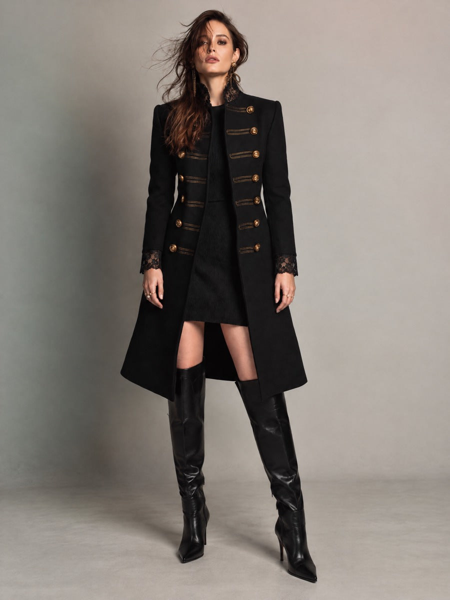 Black Military Lace-Trim Mid-length Wool Coat with Gold Buttons