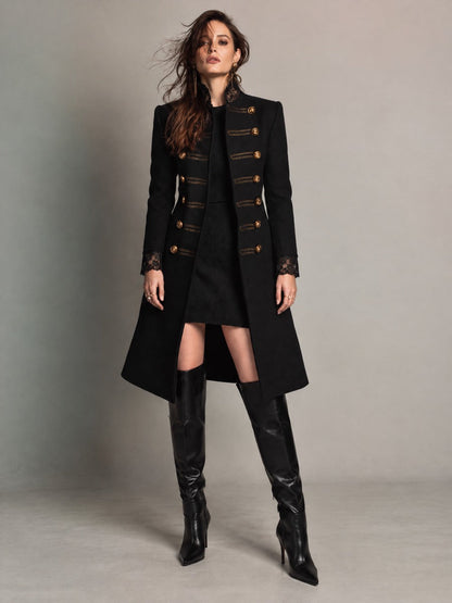 Black Military Lace-Trim Mid-length Wool Coat with Gold Buttons