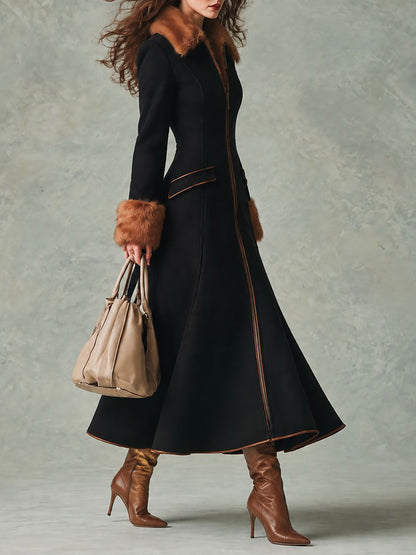 Retro Front Zipper Design Black Fitted Flared Wool-blend Coat With Faux Fur Collar