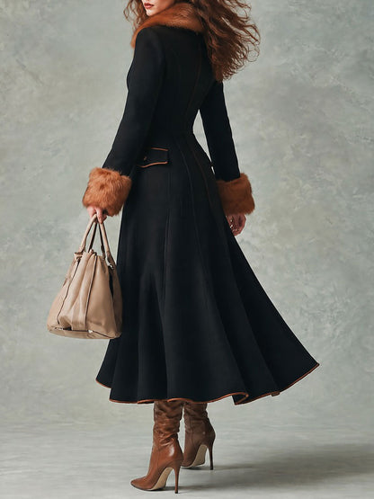 Retro Front Zipper Design Black Fitted Flared Wool-blend Coat With Faux Fur Collar