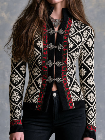 Retro Black Geometric Floral Jacquard Knit Cardigan With Silver Clasp Closures