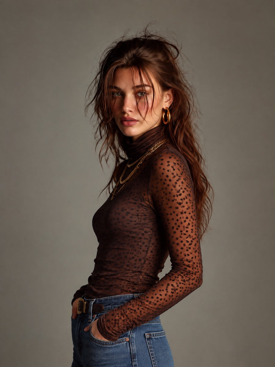 Women's Brown Polka Dot Sheer Mesh Turtleneck Long Sleeve Slim Fit Top
