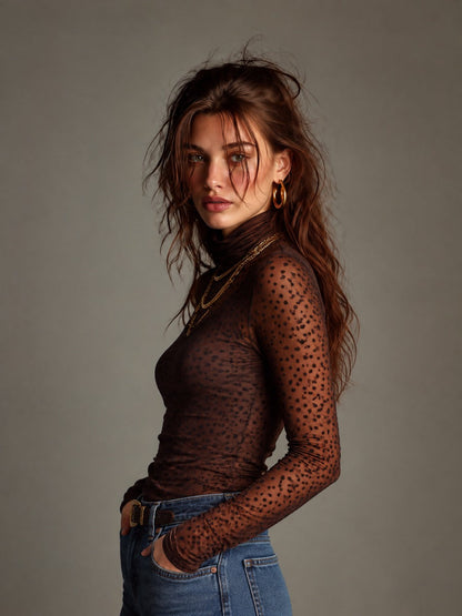 Women's Brown Polka Dot Sheer Mesh Turtleneck Long Sleeve Slim Fit Top