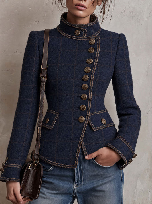 Women's Navy Plaid Wool-Blend Asymmetric Placket Jacket