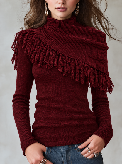 Burgundy High Neck Fringe Shawl Overlay Slim Fit Pullover Sweater