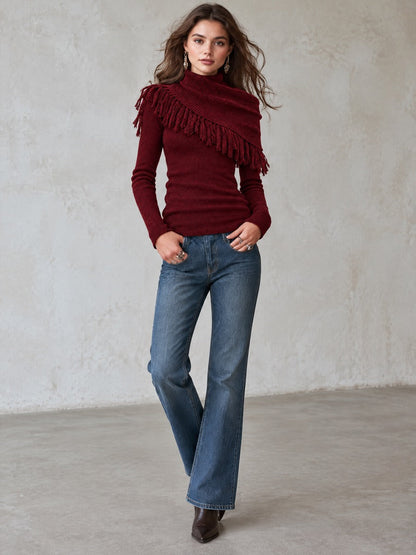 Burgundy High Neck Fringe Shawl Overlay Slim Fit Pullover Sweater