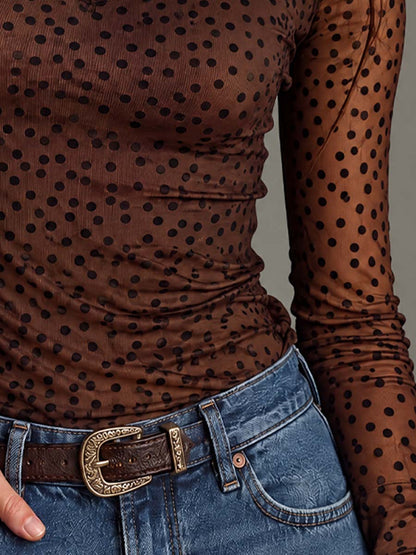 Women's Brown Polka Dot Sheer Mesh Turtleneck Long Sleeve Slim Fit Top