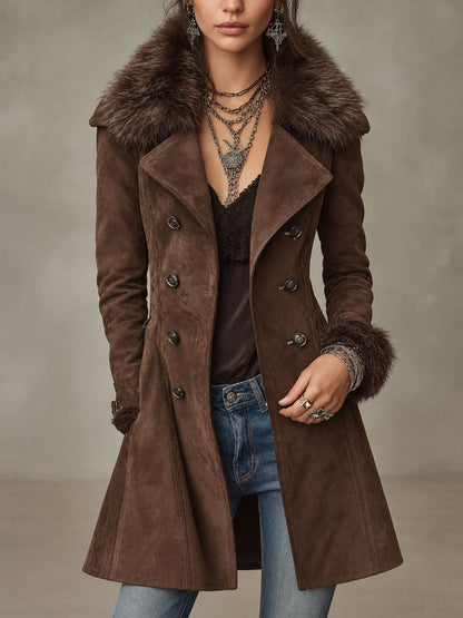 Vintage Faux Suede Double-Breasted Coat With Faux Fur Collar And Cuffs