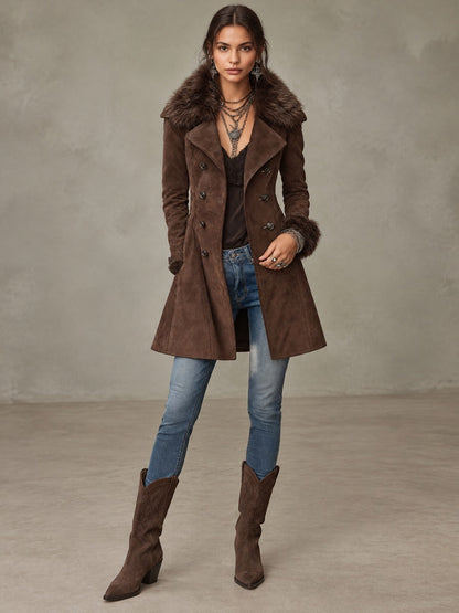 Vintage Faux Suede Double-Breasted Coat With Faux Fur Collar And Cuffs