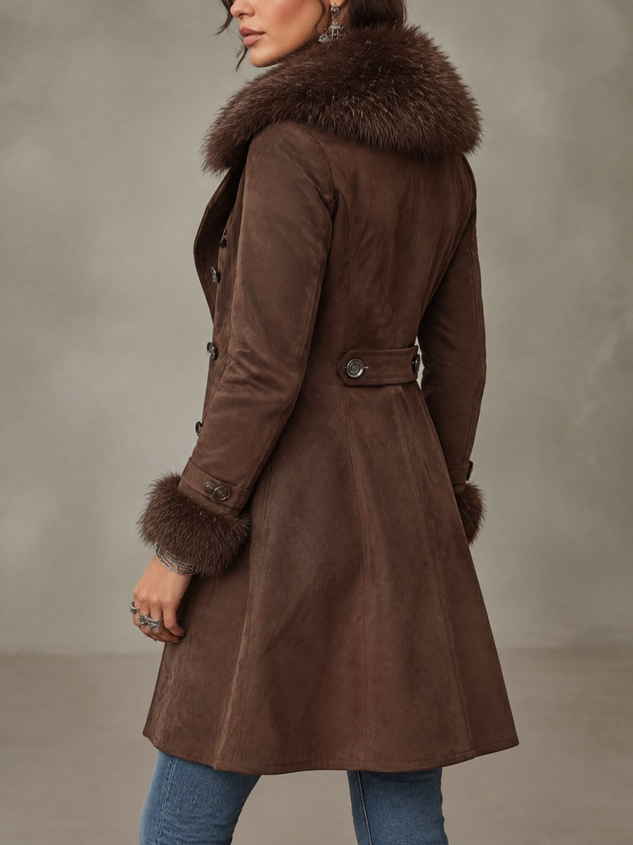 Vintage Faux Suede Double-Breasted Coat With Faux Fur Collar And Cuffs