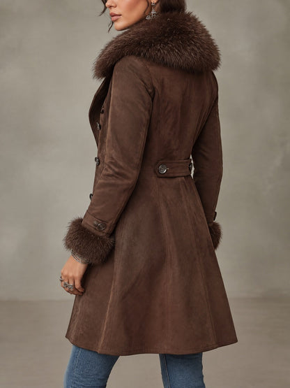 Vintage Faux Suede Double-Breasted Coat With Faux Fur Collar And Cuffs