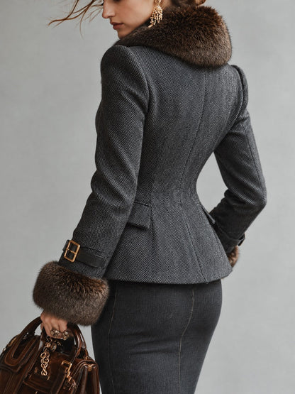Women's Faux Fur Collar And Cuffs Herringbone Fitted Jacket