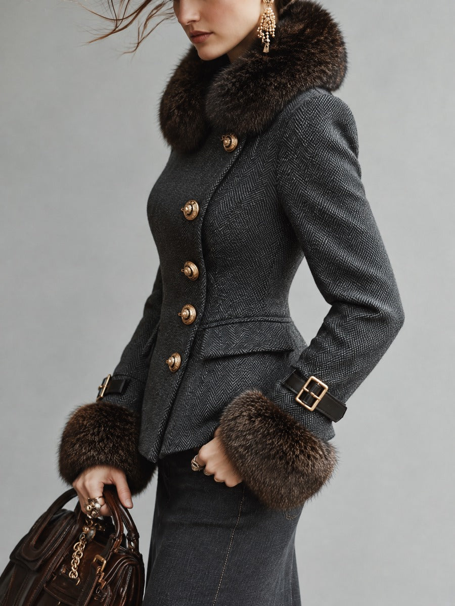 Women's Faux Fur Collar And Cuffs Herringbone Fitted Jacket