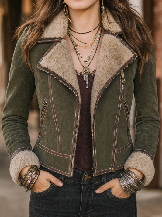 Vintage Faux Suede Moto Jacket With Faux Shearling Lapel