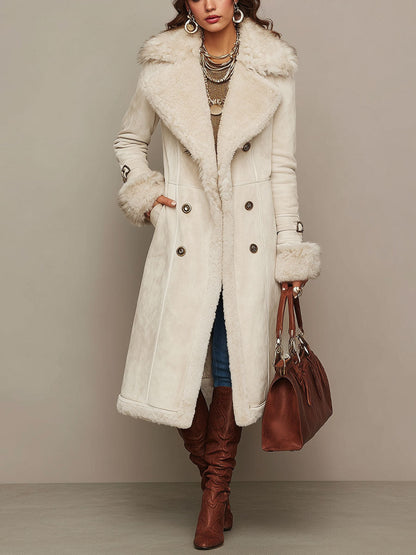 Women's Cream Faux Suede Long Coat With Faux Fur Trim Lapel
