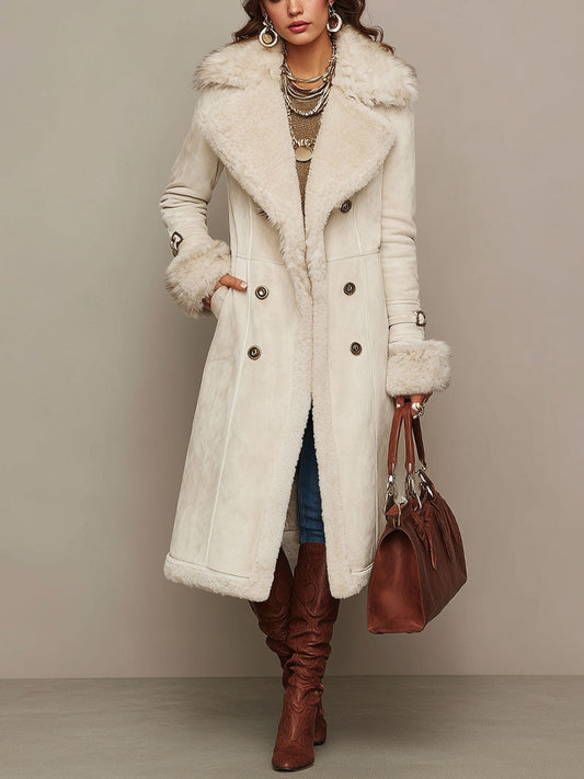 Women's Cream Faux Suede Long Coat With Faux Fur Trim Lapel
