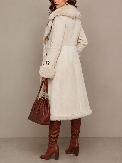Women's Cream Faux Suede Long Coat With Faux Fur Trim Lapel