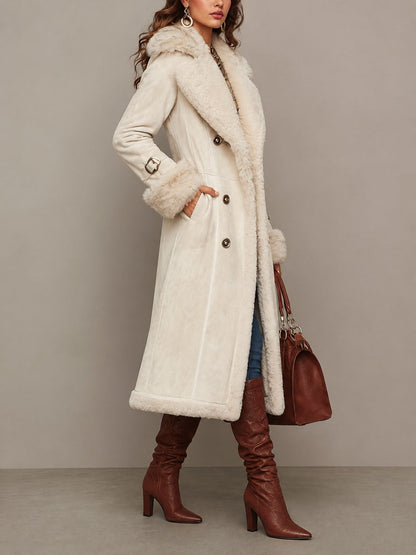 Women's Cream Faux Suede Long Coat With Faux Fur Trim Lapel