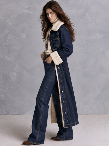 Dark Indigo Wash Longline Denim Coat With Cream Faux Shearling Lining