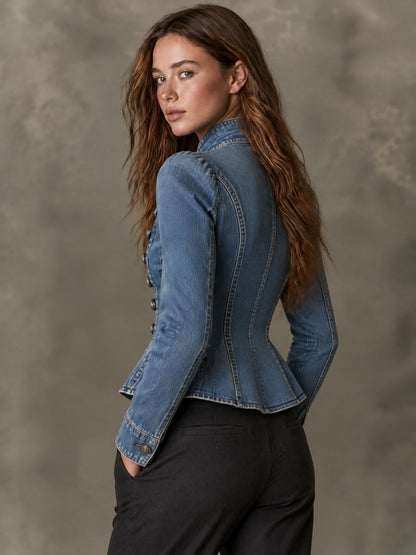 Vintage Stand Collar Denim Metal Buttons Fitted Jacket