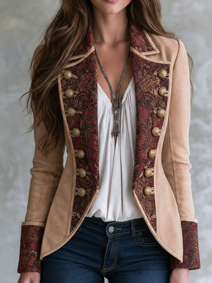 Retro Baroque Pattern Camel Microsuede Double Breasted Blazer