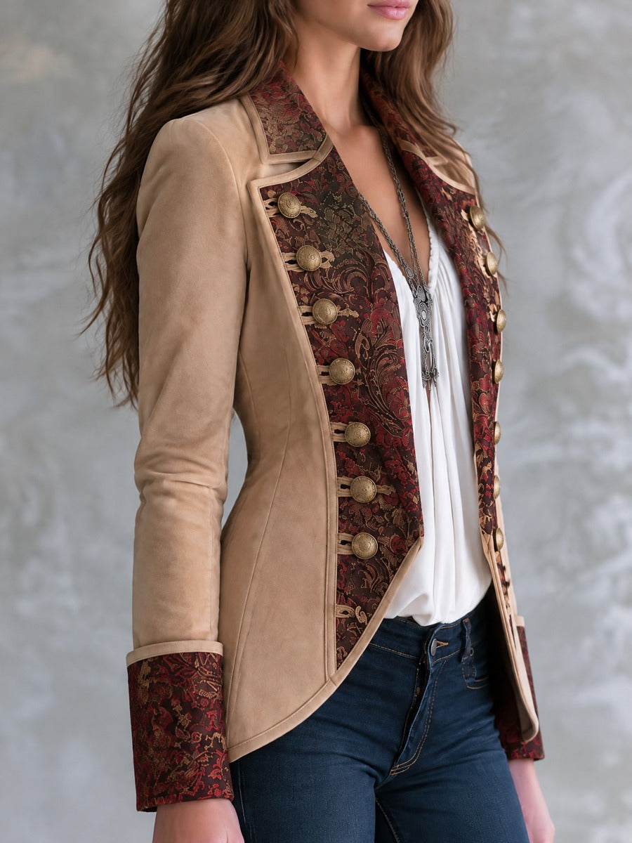 Retro Baroque Pattern Camel Microsuede Double Breasted Blazer