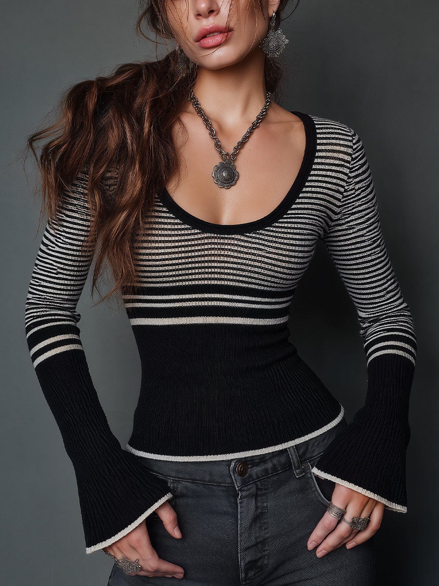 Classic Black And White Striped Scoop Neck Flared Sleeve Knit Top
