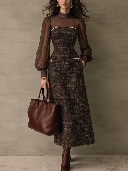 Elegant Chocolate Brown Sheer Sleeve Tweed Maxi Dress