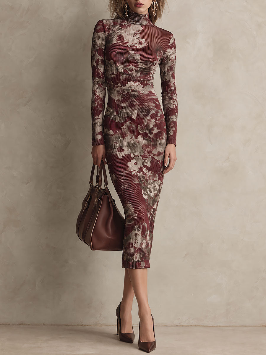 Retro Burgundy Floral Print Ribbed Turtleneck Long Sleeve Bodycon Midi Dress