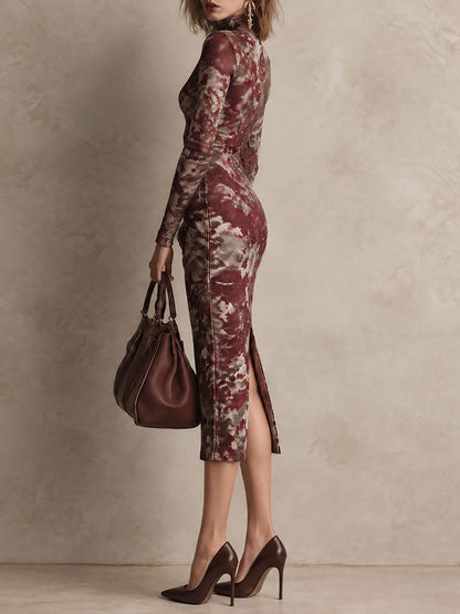 Retro Burgundy Floral Print Ribbed Turtleneck Long Sleeve Bodycon Midi Dress