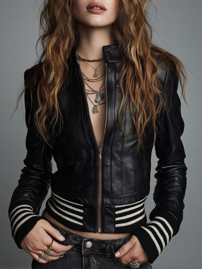 Women's Cropped Black Leather-Look Zip-Up Jacket with Striped Rib Hem