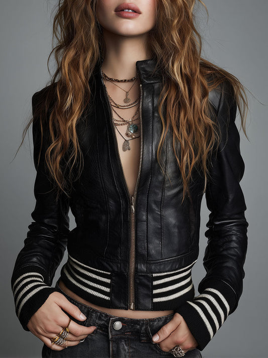 Women's Cropped Black Leather-Look Zip-Up Jacket with Striped Rib Hem