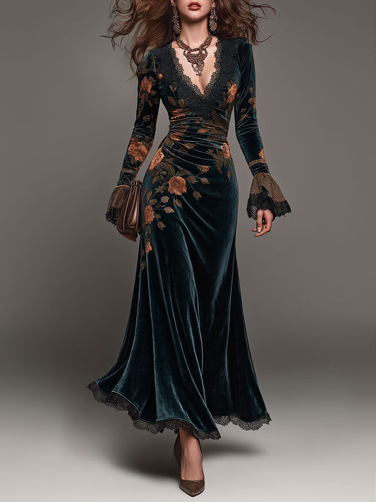 elegant Dark Teal Velvet Floral Print Ruched Waist Maxi Dress with Lace V-Neck