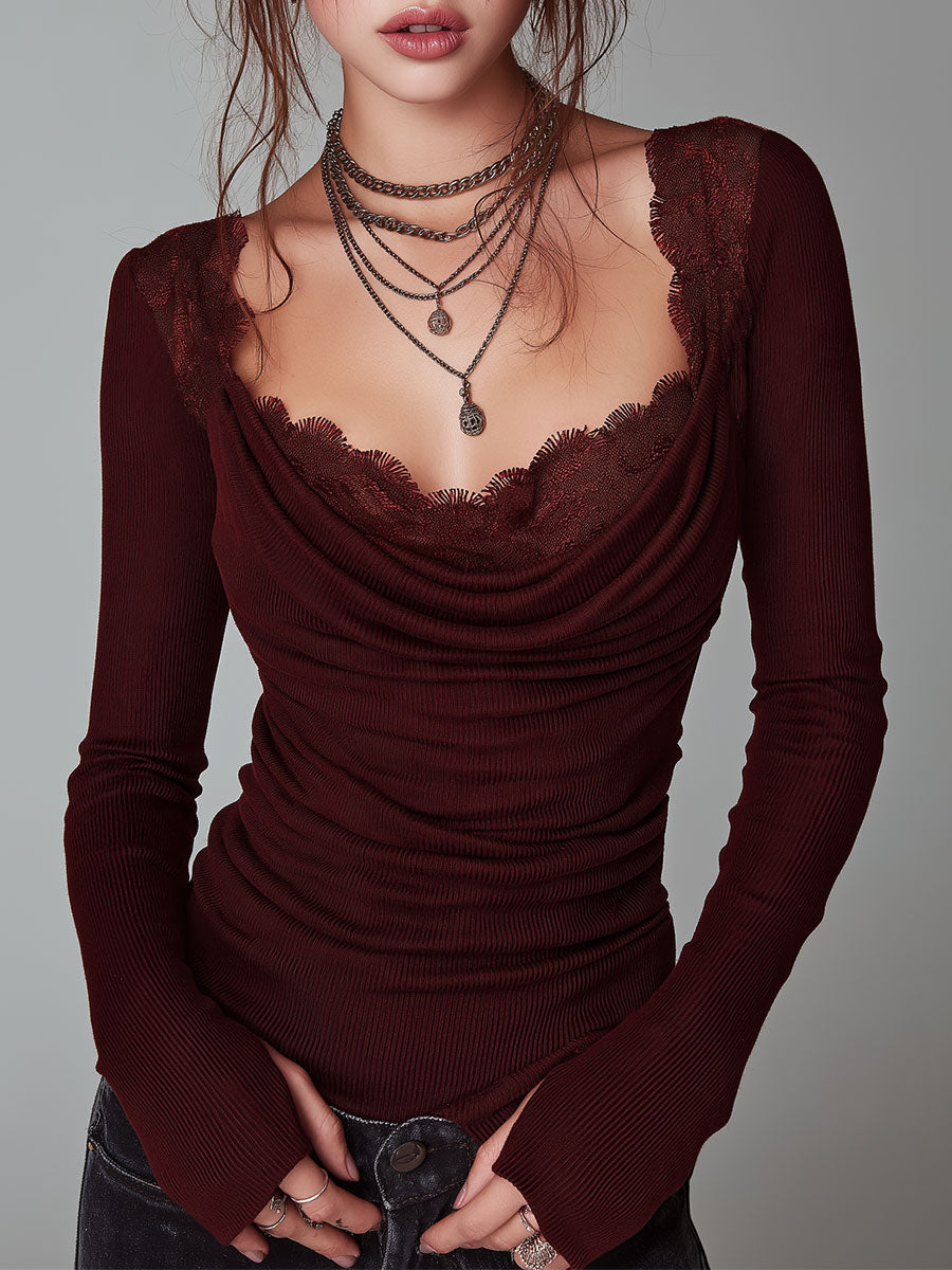 Burgundy Lace Trim Cowl Neck Ribbed Long Sleeve Slim Fit T-shirt
