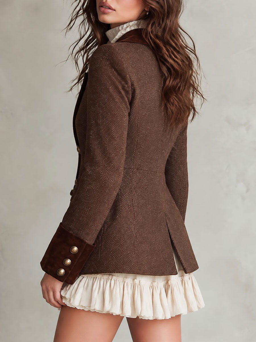 Boho Suede-Trim Double-Breasted Herringbone Blazer