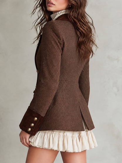 Boho Suede-Trim Double-Breasted Herringbone Blazer