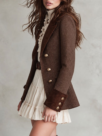 Boho Suede-Trim Double-Breasted Herringbone Blazer