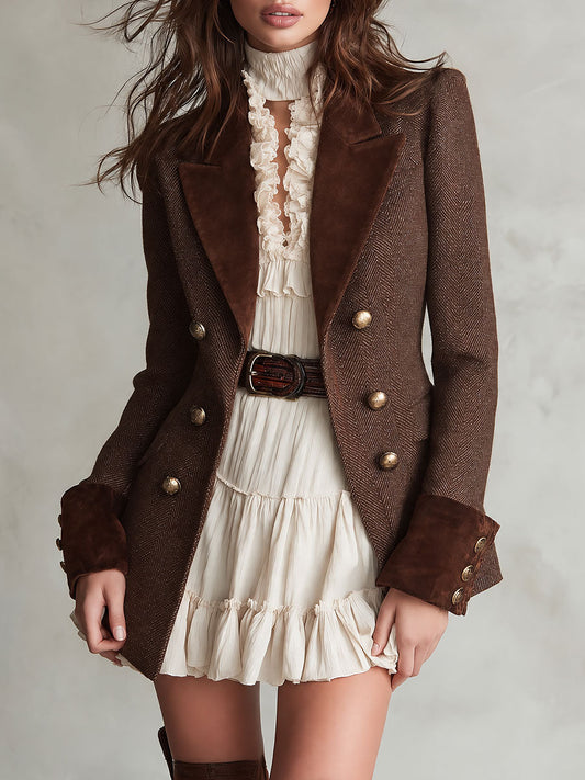 Boho Suede-Trim Double-Breasted Herringbone Blazer