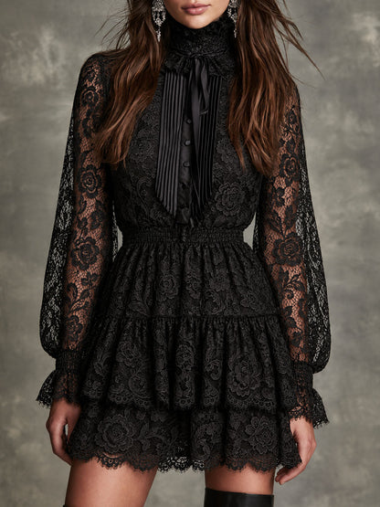 Retro Black Floral Lace Bow Tie High Neck Mini Dress With Tiered Ruffle Skirt