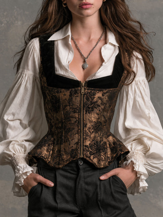 Vintage Bronze Floral Print Zip-Front Corset Vest