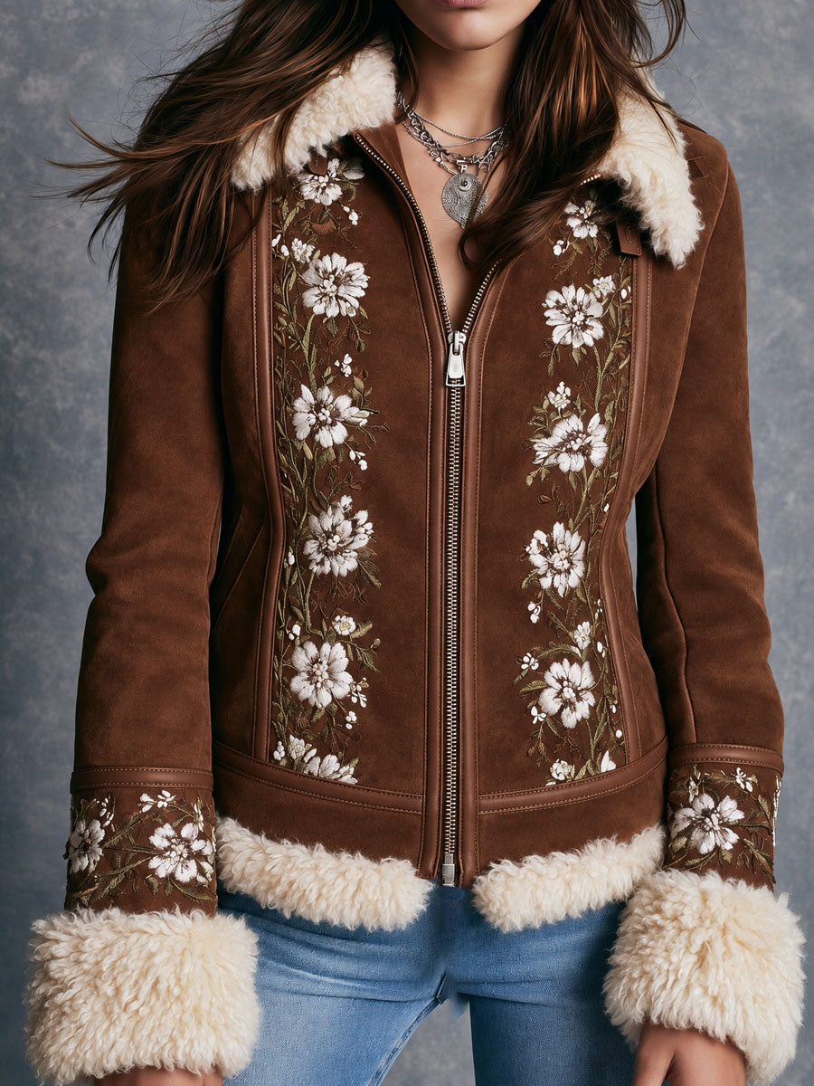 Boho Brown Microsuede Floral Embroidered Zip-Up Jacket With Faux Shearling Trim