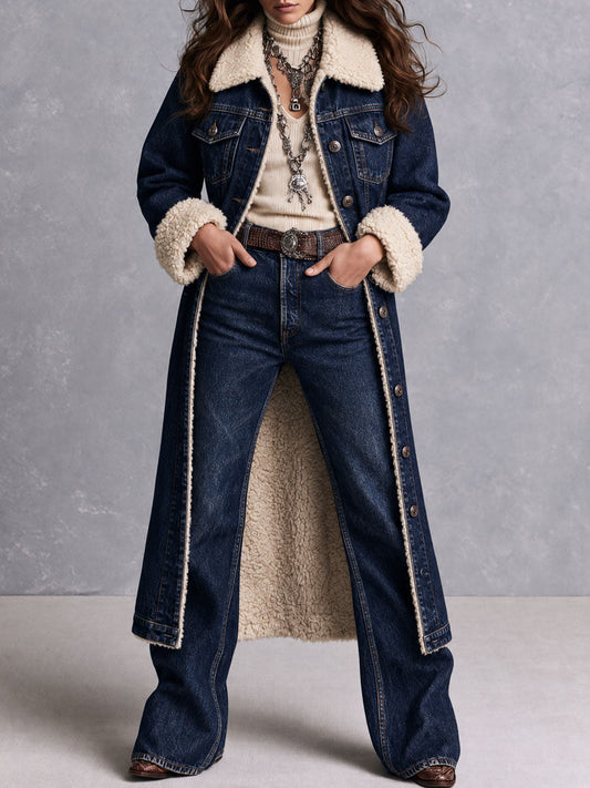 Dark Indigo Wash Longline Denim Coat With Cream Faux Shearling Lining