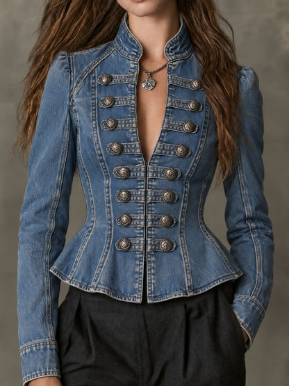 Vintage Stand Collar Denim Metal Buttons Fitted Jacket