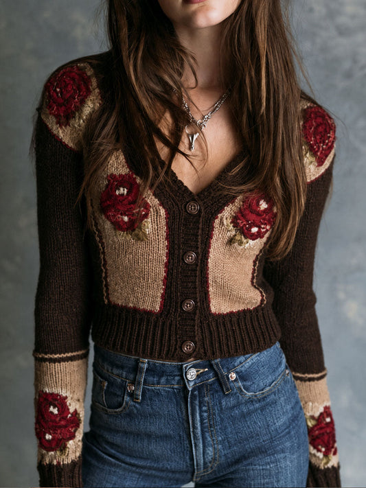 Vintage Rose Pattern Button Front Knit Cardigan